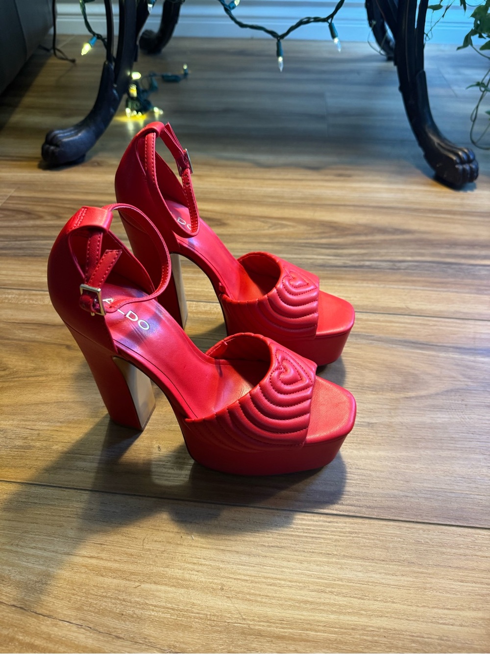 Aldo Bright Red Quilted Platform Ankle-Strap Heels